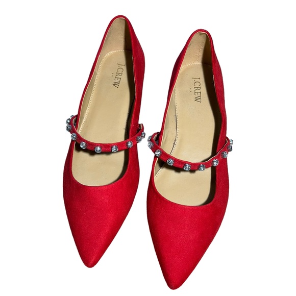 J. Crew Shoes - J. Crew Mary Jane Faux Suede Red Ballet Mary Jane Flat Shoes Gemstone Strappy